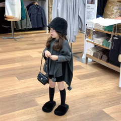 韓國童裝2024女童春秋針織披肩洋氣毛球斗篷寬鬆毛衣套裝寶寶褲子