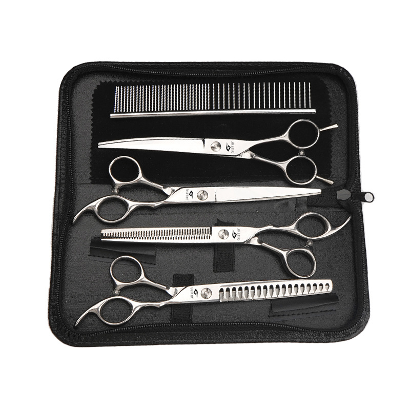 Tijeras para mascotas profesionales de 7 pulgadas dientes rectos tijeras de hueso de tiburón tijeras para perros Teddy Boomerang set de herramientas de corte de pelo