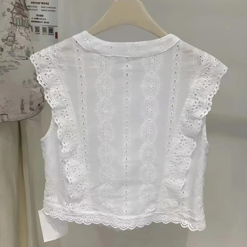 White Chinese-Style Shirt for Women, 2026 Summer New Model, Elegant Sleeveless Lace Hollow-Out Short Top with a High-End Feel