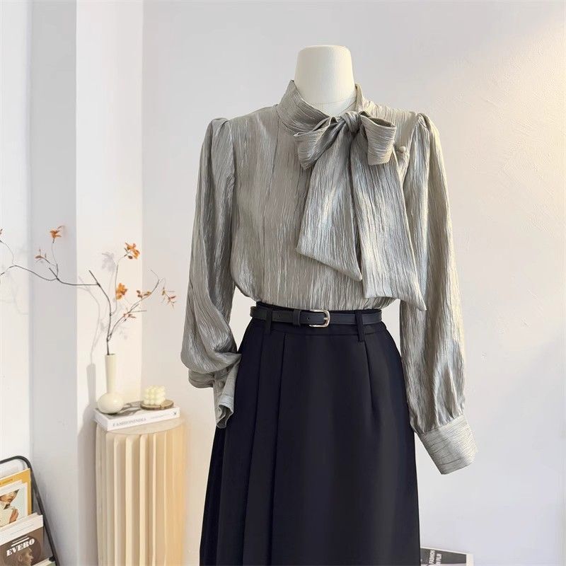Gentle Style Lace-Up Bow Long-Sleeved Shirt for Women 2026 Spring New Style Ribbon Shirt French Style Blouse Top