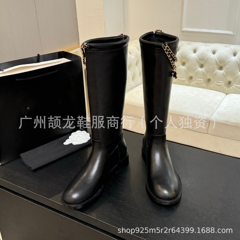 高端2025秋冬小香真皮圆头金属链条平跟套筒高筒骑士靴不过膝长靴|undefined