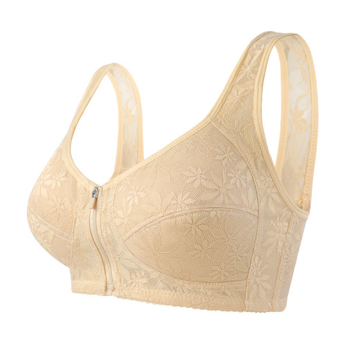 New soft cotton thin cup front zipper middle-aged and elderly women's jacquard wire-free vest style large size bra