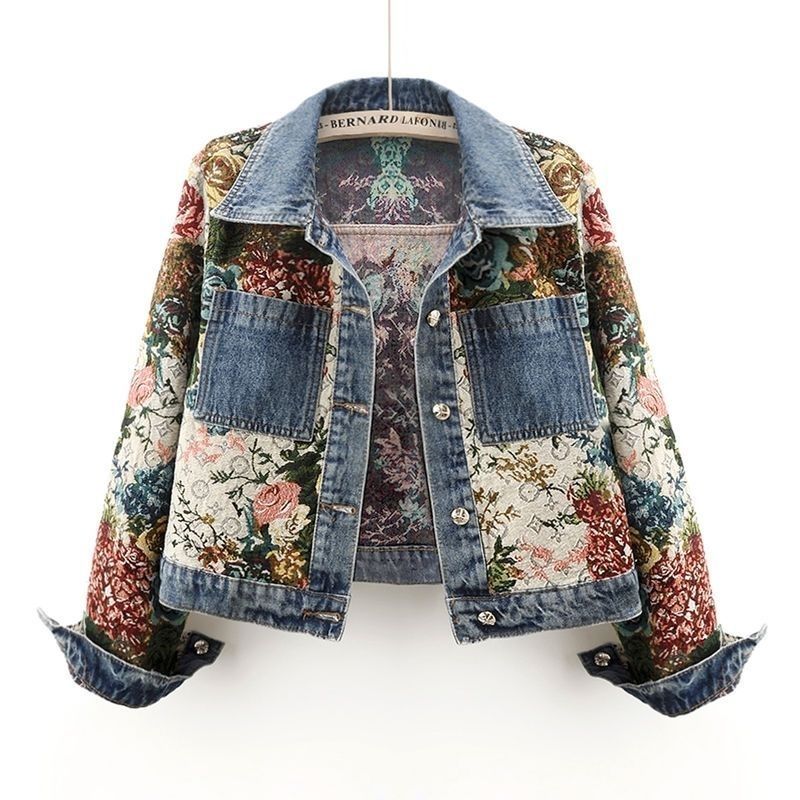 Versatile Printed Patchwork Denim Jacket 2026 New Long-Sleeve Turn-Down Collar Short Loose Fit Petite Jacket Cross-Border