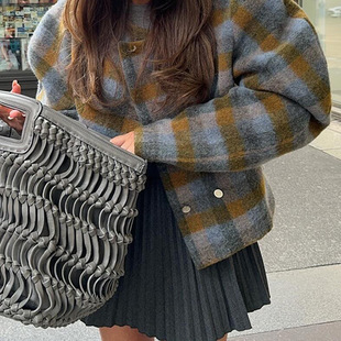 2024 European and American Cross-border Hot Selling Women's Long-sleeved Double-breasted Bubble Shoulder Jacket Retro Fragrant Style Plaid Elegant