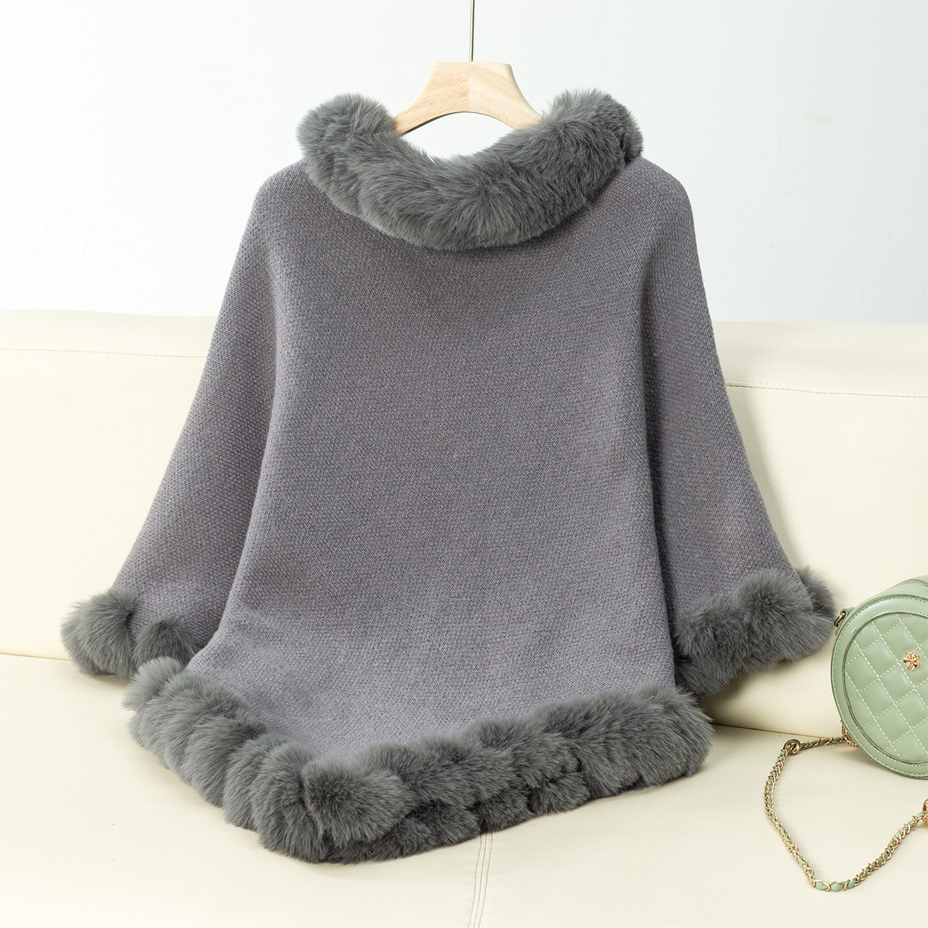 Einfarbiger Pullover mit Pelzkragen, europäischer und amerikanischer Pullover für Damen im Herbst und Winter, dicker Vintage-Strickumhang mit Karomuster_voghion.com