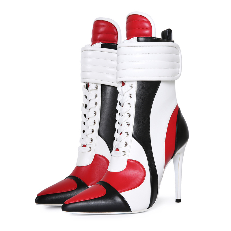 European and American Export Cross-Border Music Festival Sexy Color-Blocked Pointed Toe Sports Style Stiletto Heels Large Size 44 Women's Short Boots Boot