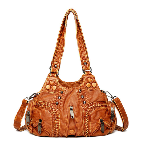 Women's Handbag, Washed Fabric Shoulder Bag, Soft Leather Texture, Retro Fashion, Economical Solid Color Casual Tote Bag