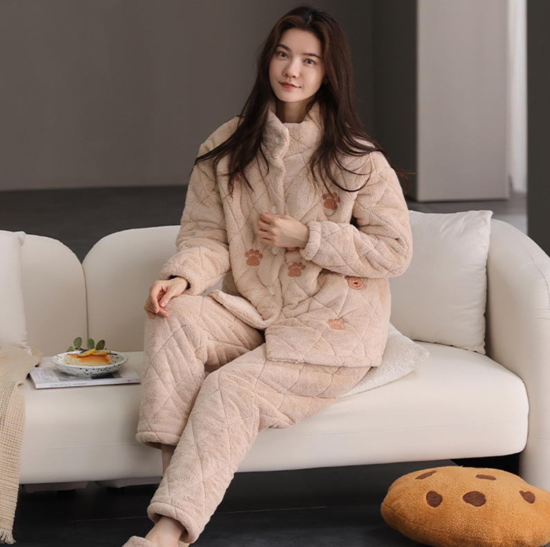 산호 벨벳 커플 파자마 여성의 겨울 3 층 면 따뜻한 유지 남성의 간단한 캐주얼 한국식 플란넬 홈 옷