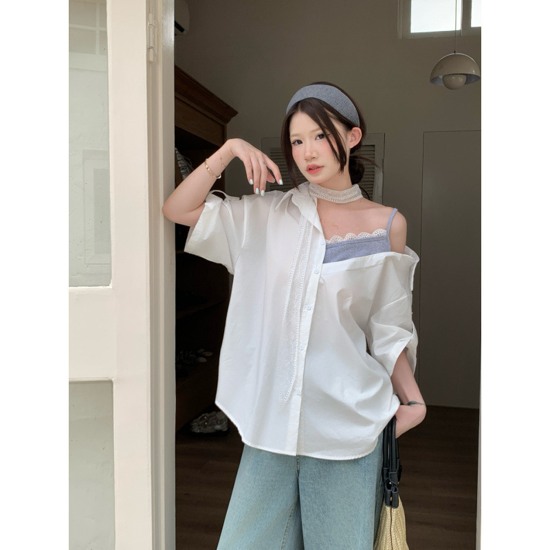 Real Shot, Real Price, Sexy Off-Shoulder Fake Two-Piece Long-Sleeved Shirt for Women, Niche Lace Splicing Irregular Shirt
