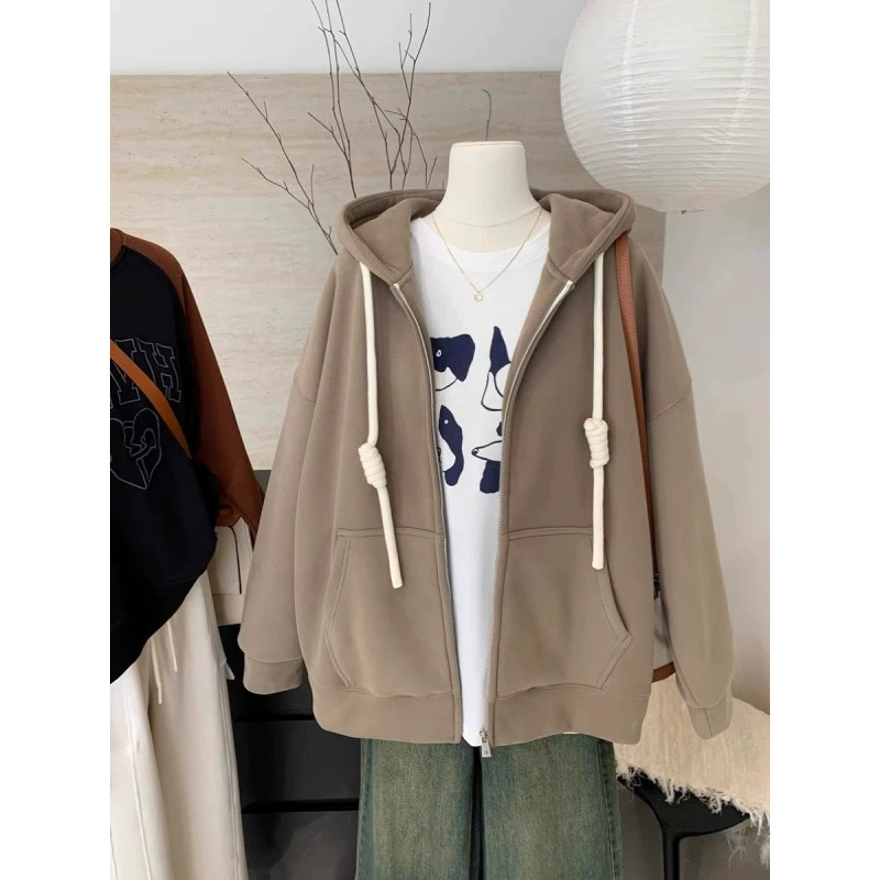 Mayard Korean осенью и зимой новый бархатный толстый ленивый свитер с капюшоном 2024 свободный кардиган куртка на молнии прилив