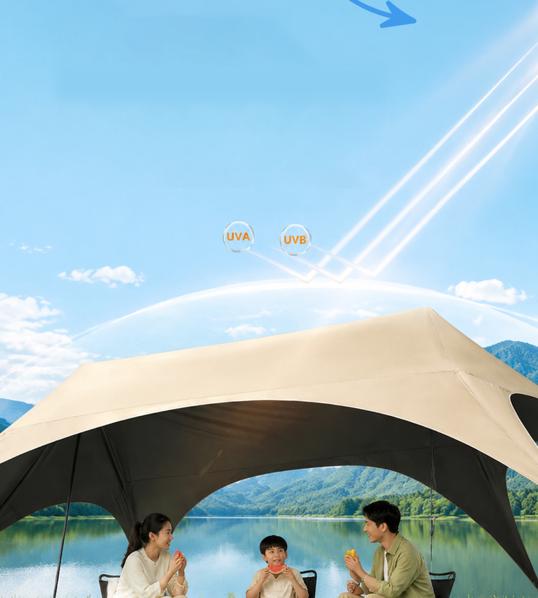 Hexagonal Canopy with Thickened Black Vinyl, New Quick-Setup Camping Sunshade and Rainproof Dome Outdoor Sun Shelter