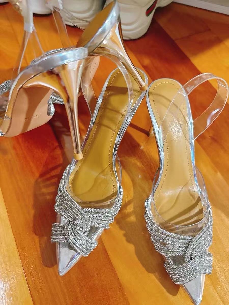 Silver Rhinestone High Heels Transparent Stiletto Mules Closed Toe Crystal Wedding Shoes Versatile Women's Sandals_voghion.com