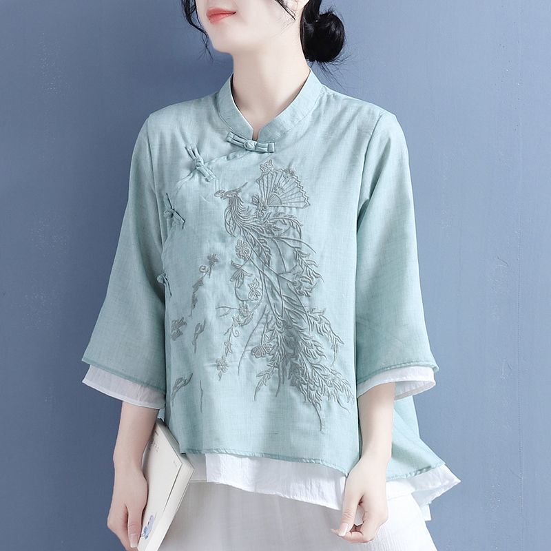 New Arrival All-Match Hot Cotton and Linen Shirt for Summer 2024 Women's Embroidered Artistic Retro Buckle Hipper Seven-Sleeve Tea Suit