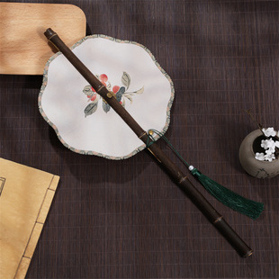 Ancient style Purple Bamboo waist fan Hanfu round fan Chinese style curly folding fan classical long handle tassel fan portable waist hanging fan