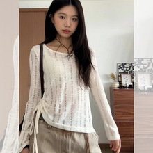 外贸清仓～尾货品牌抽绳微透镂空设计感针织长袖t恤罩衫百搭上衣