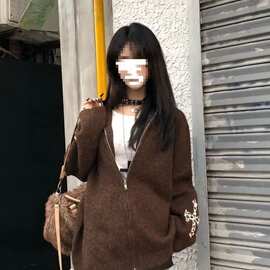 美式复古连帽毛衣开衫外套秋冬季新款宽松慵懒风软糯美拉德针织衫
