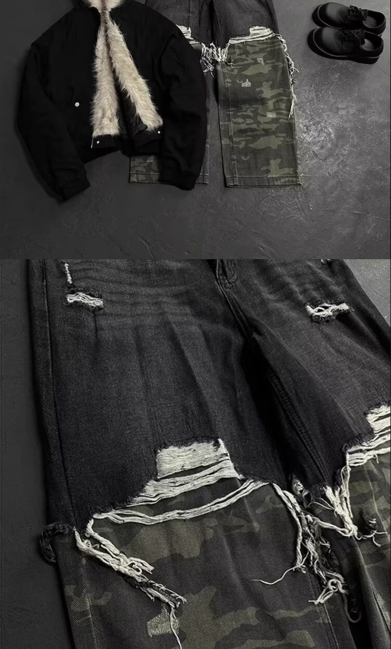 Men's Baggy Ripped Jeans Camouflage Patchwork Distressed Denim_voghion.com