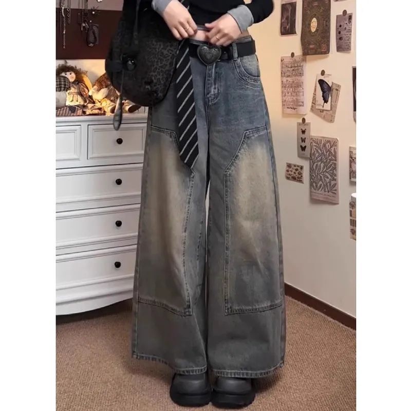 【韩牛】秋冬新款设计感宽松显高显瘦直筒拼接高腰阔腿牛仔裤女|undefined
