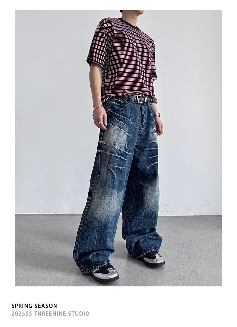 American Style Rivet Lightning Denim Jeans For Men And Women, Wide-Legged Distressed Wash Vintage Drop-Crotch Trousers, Trendy Streetwear Design_mkmklike.com