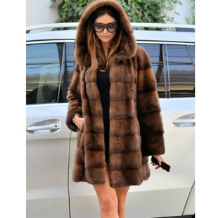 Women's Mink Fur Coat Mid-length Hooded Coat Fur plus size Casual Warm Loose Commuter