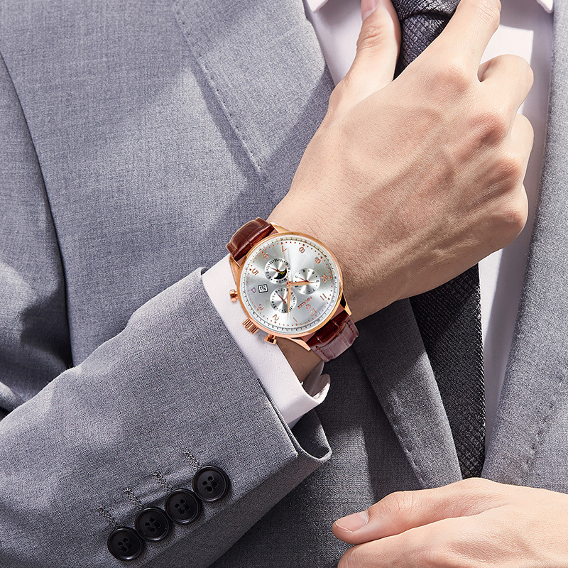 Đồng hồ nam automatic lộ máy dây da thể thao — Đai cà phê mì trắng vỏ hoa hồng 9015, Thắt lưng da đen vỏ hoa hồng 9015