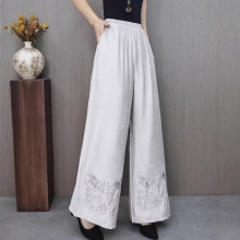 新款夏季天丝棉麻文艺复古休闲裤黑色纯色绣花宽腿裤阔腿裤女