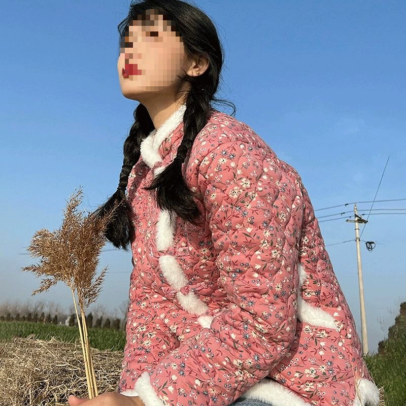Осень и зима тонкая цветочная сетка красная маленькая хлопковая куртка