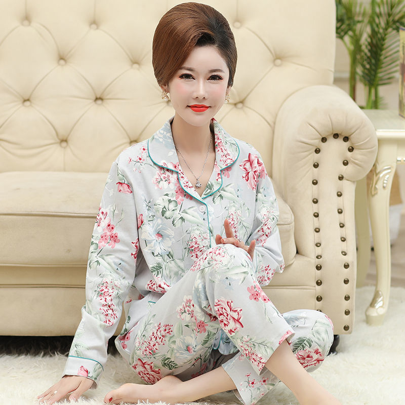100% pijamas de algodón para mujer primavera y otoño manga larga suelta más tamaño de mediana edad y ancianos Otoño e Invierno traje homewear