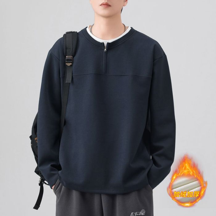 Navy blue plus velvet-zipper round neck