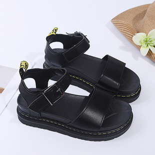 Thick-Soled Sandals for Women 2023 Cross-Border Sandals Large Size 43 Roman Style Casual Flats Sandals One-Word Buckle Beach Shoes