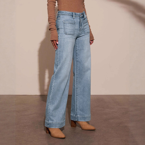European and American spring high-waisted women's denim pants—slimming, wide-leg, vintage-style, straight-leg pants with an aged finish.