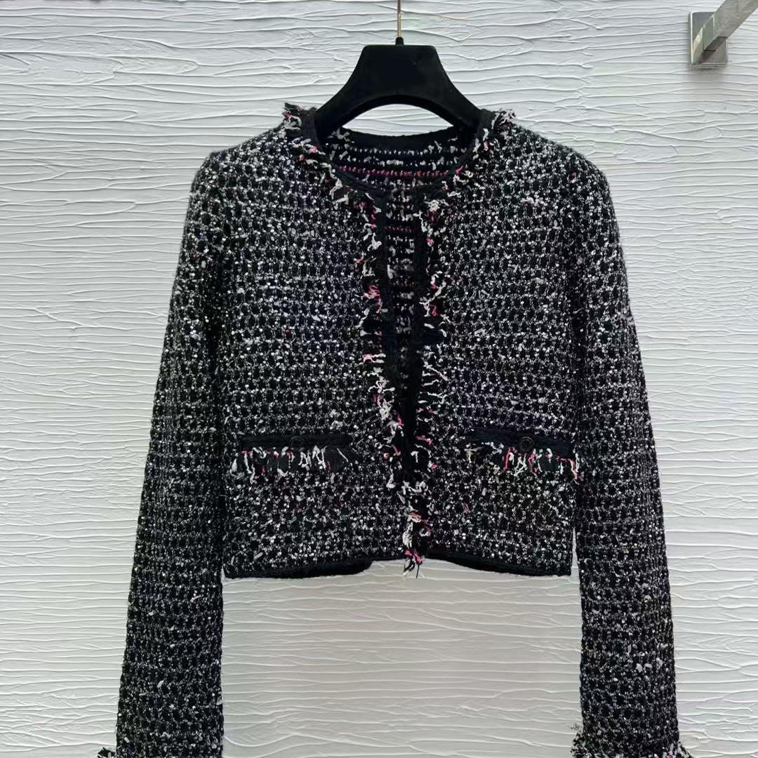 Black Long-Sleeved Top Handmade Woven Diamond Button Cashmere Tweed Sequined Round Neck Cardigan Jacket Top for Women
