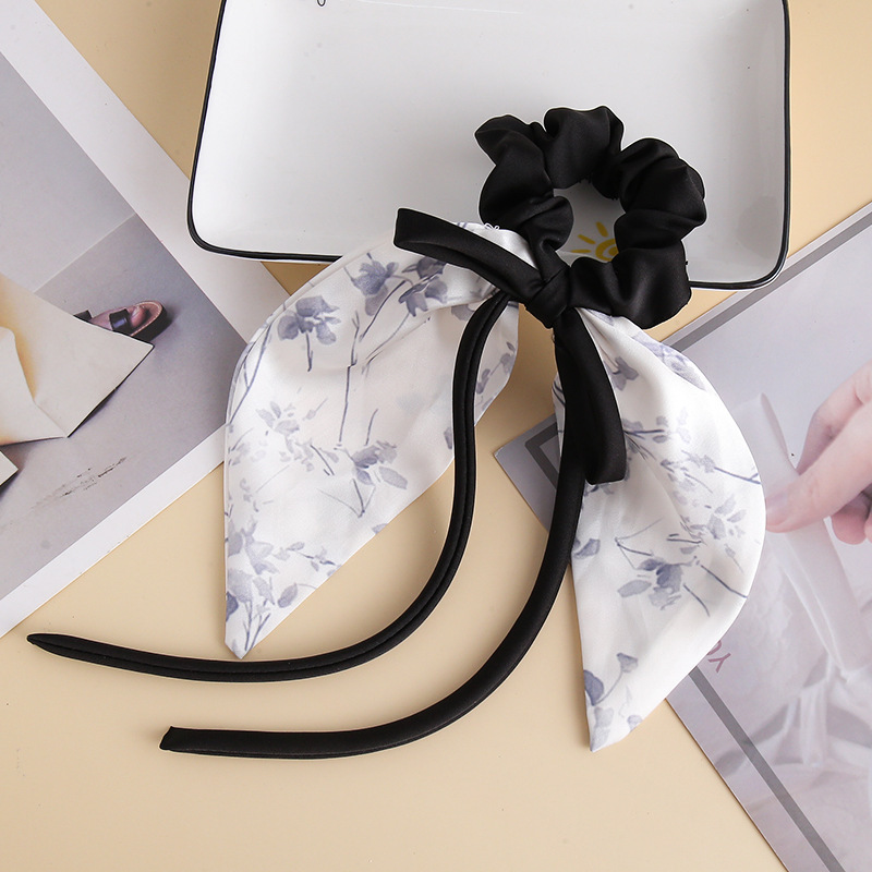 Nuevo lazo de raso estampado, coletero de encaje elegante estilo chino, cuerda para el pelo de cola de caballo al por mayor