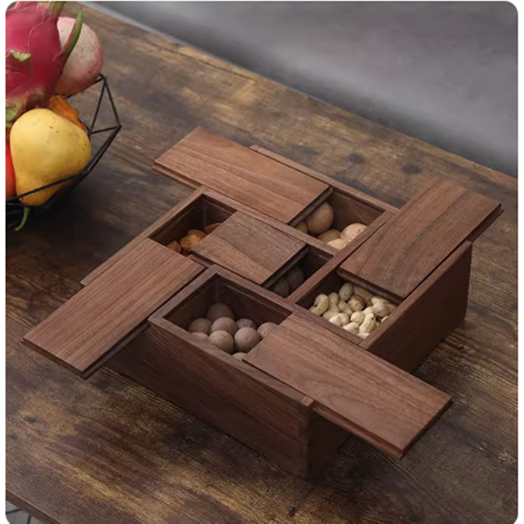 Nogal negro Nuevo estilo chino Jiugongge plato de fruta caja de dulces multifuncional creativa sala de estar de madera maciza plato de nuez caja de fruta seca comida