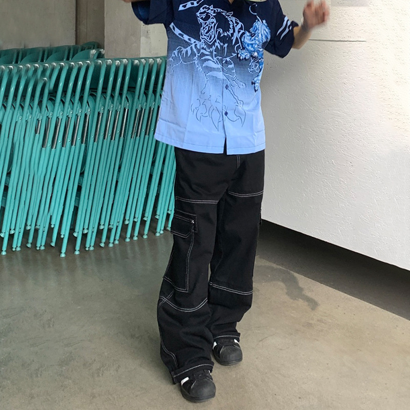 Cross-Border Denim Cargo Pocket Pants for Men, Summer Straight-Leg Loose Casual Long Pants, Straight-Leg Pants, Trendy Men's Clothing