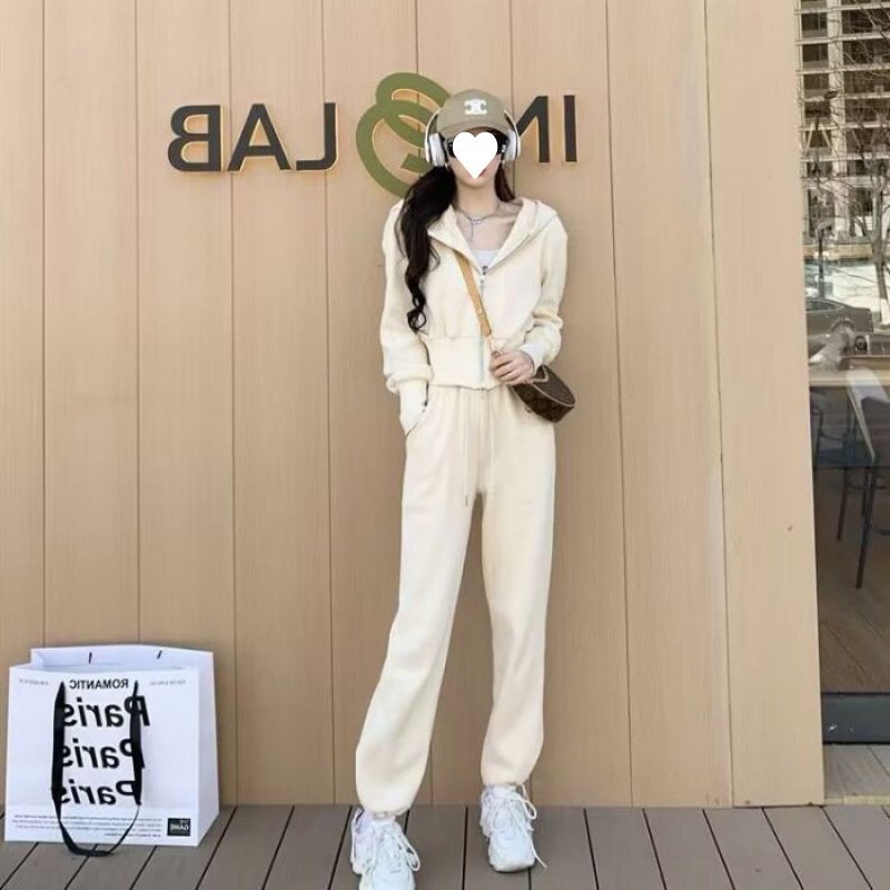 秋冬季运动服港风显高搭配套装纯色连帽薄款卫衣跑步服两件套女潮|undefined