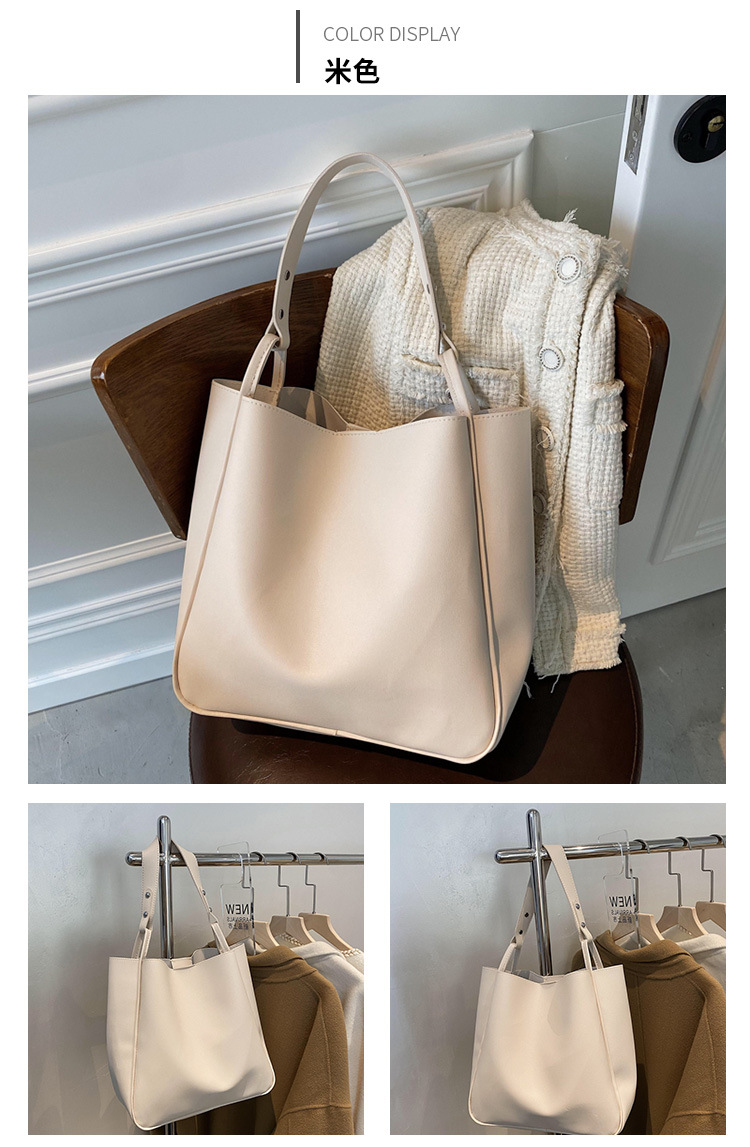300g Weight Magnetic Buckle Closure Type Single Shoulder Strap Strap Type Bucket Bag Bags Type Pu Leather Material Solid Color Pattern Streetwear Style Beige, Black Color Large Size Large Pu Leather Streetwear Bucket Bag 14