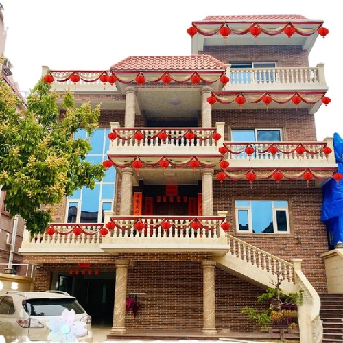 The joy of moving to a new home, balcony pull flowers, wedding decorations, wave flags, lanterns, wedding wedding villa scene layout