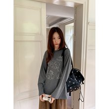 原创北极熊线条印花长袖T恤女秋季新款设计感宽松上衣潮