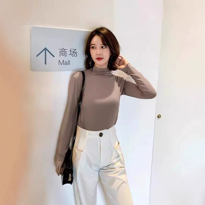 Девятицветная маска одежда женская осень-зима 2025 модельская нижняя рубашка с высоким воротником корейская версия сплошного цвета с длинными рукавами внутри топ оптом