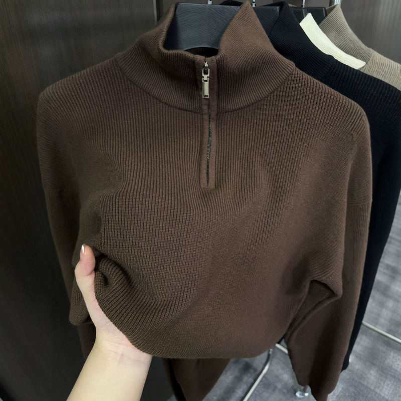 2026 Autumn/Winter New Cross-Border Men's Half-Zip Knitted Sweater Men's Turn-Down Collar Pullover Knitwear