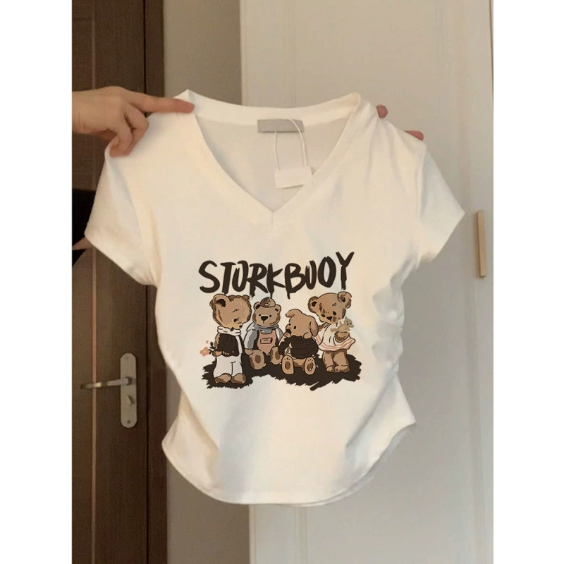 Женская футболка с коротким рукавом и V-образным вырезом для миниатюрных размеров, летний облегающий короткий топ с рюшами, новая модель 2025 года.