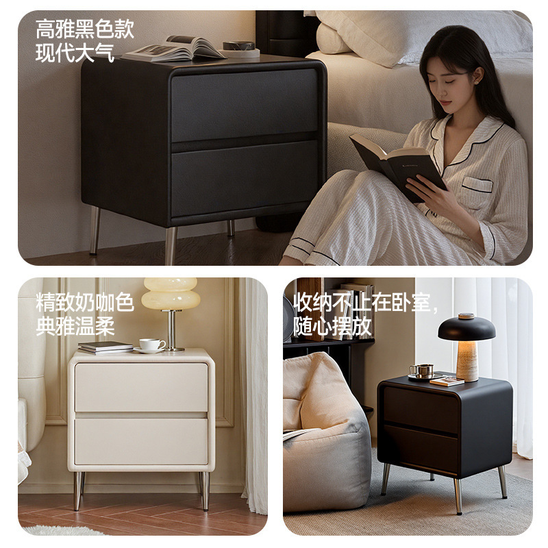 Alta sensación de mesa de cabezal de cama negro dormitorio doméstico 2025 explosión de lujo ligero minimalista pequeño armario de madera maciza de almacenamiento junto a la cama