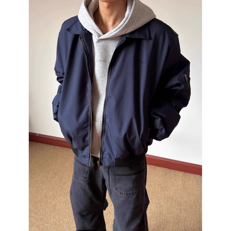 Navy Blue Pilot Jacket Cleanfit Men's American Retro Lapel Baseball Uniform Handsome Street Short Jacket