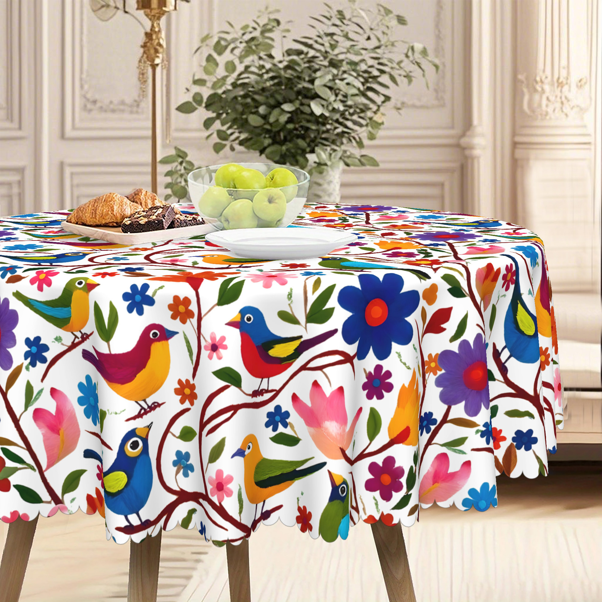Bright Bird Print Round Pattern Tablecloth, Stain Resistant, Easy to Clean, Suitable for Rectangular Tables