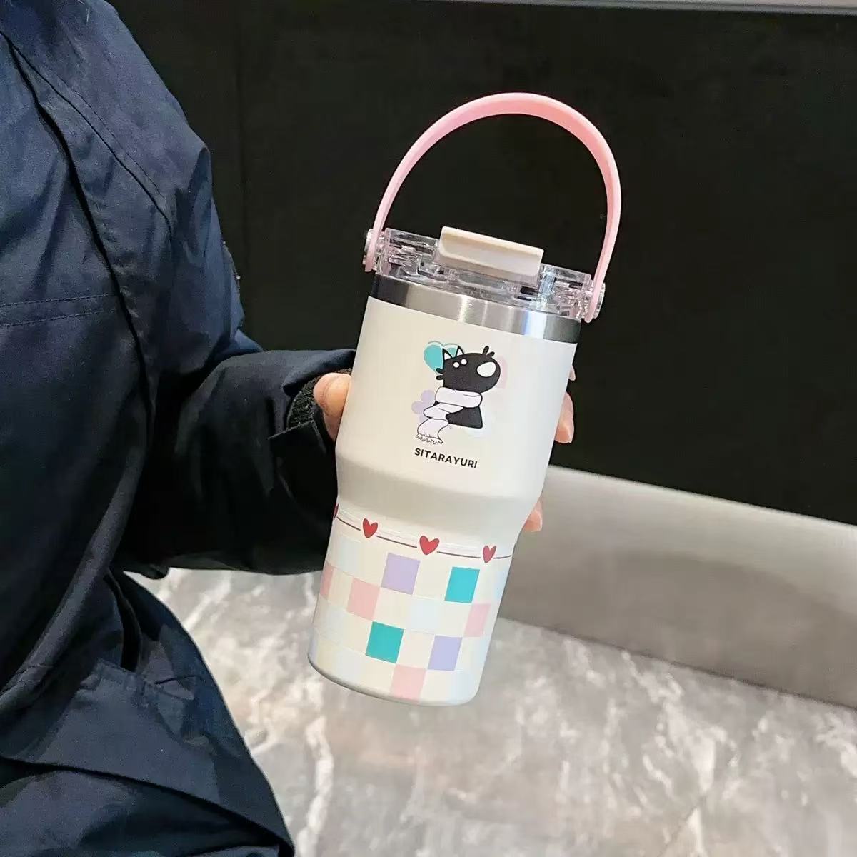 SITARAYURI doble bebida refrescante portátil 3D de dibujos animados taza de hielo de acero inoxidable de gran capacidad taza de aislamiento térmico portátil taza de coche image 3