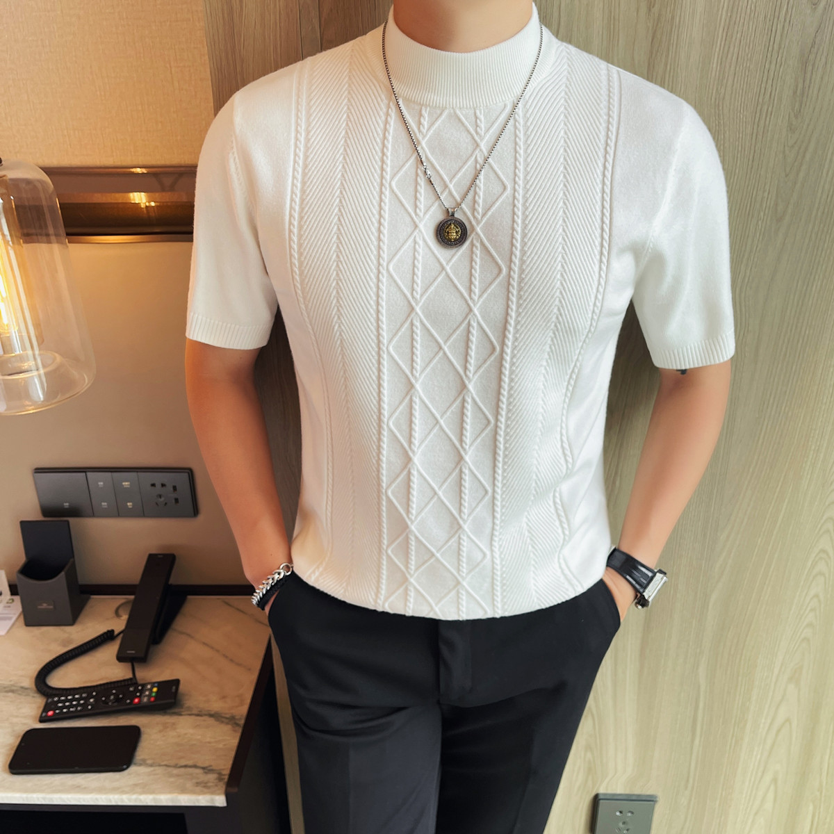 Live Broadcast of New Men's Light Luxury Texture Small Medium Collar Short-Sleeved Knitwear Boys Half-Sleeved Knitwear Bottoming Shirt