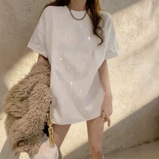 白色短袖t恤女2026新款夏季宽松高品质流星烫钻洋气超火减龄上衣