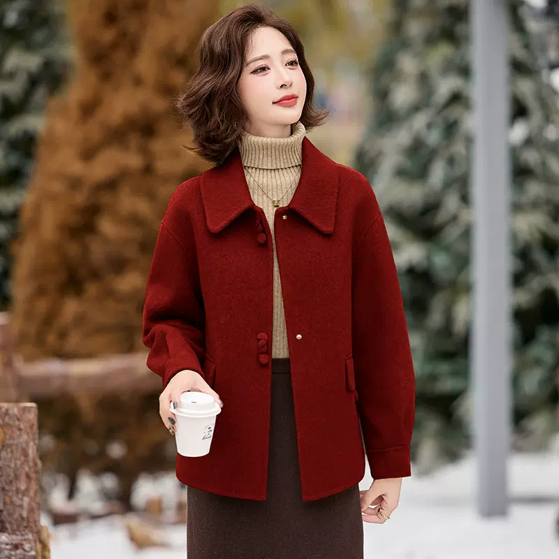 中年女双面零羊绒大衣短款酒红色妈妈羊毛外套40岁50喜婆婆婚宴装