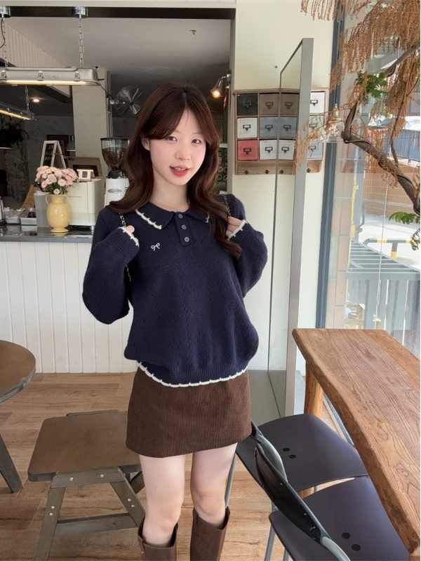 刺绣拼色翻领毛衣女2025秋季新款韩系设计感减龄宽松长袖针织上衣|undefined